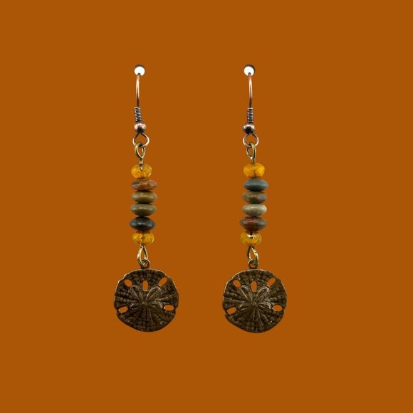 Rustic Natural Brass Sand Dollar Earrings Jasper Beaded Czech Glass Copper Hooks - Picture 3 of 10